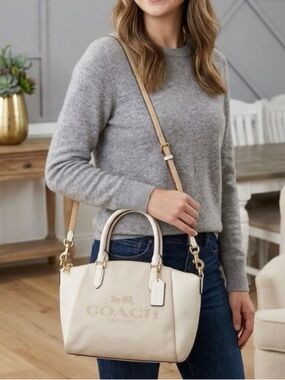 COACH Elise Satchel Horse & Carriage Jacquard Canvas White Leather Crossbody Bag